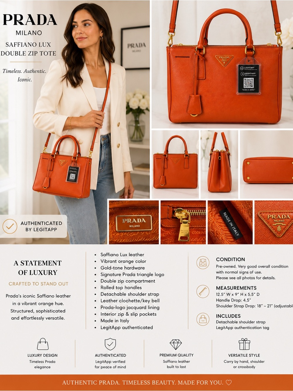 Prada Saffiano Lux Galleria Orange Leather Double Zip Tote Crossbody Authentic